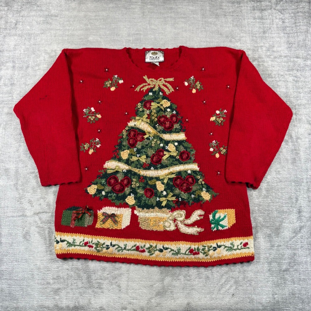 Vintage Christmas Sweater Women Large Red Knit Embellished Tree Festive Teacher